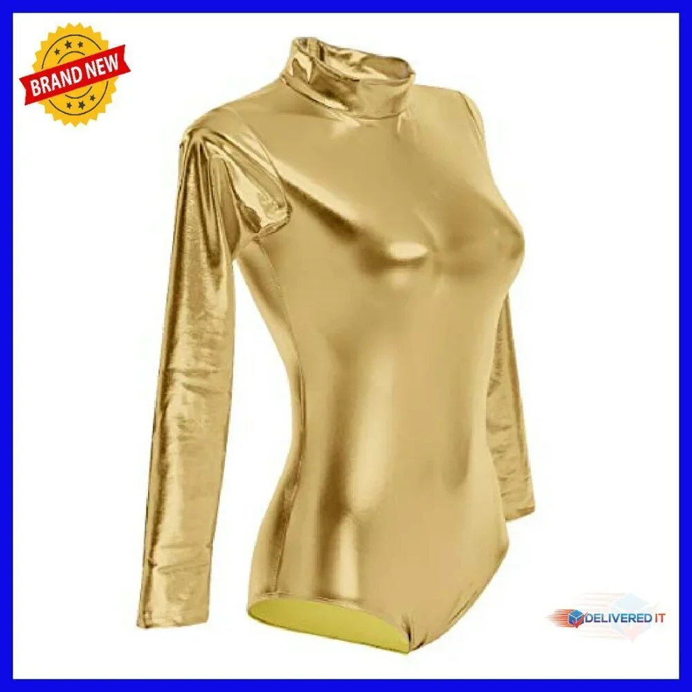 Shiny Metallic Long Sleeve Leotard Mock Turtleneck Bodysuit for Dance